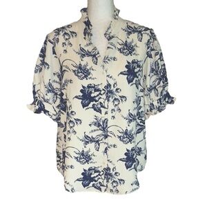 NEW Premise Ivory & Blue Floral Toile Print Ruffle Neck Puff Sleeve Blouse - L